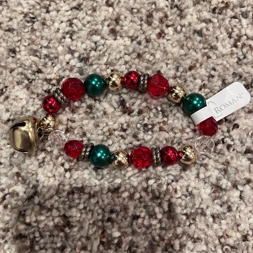 Roman Christmas Beaded Stretch Bracelet Red Green Gold Jingle Bell Holiday